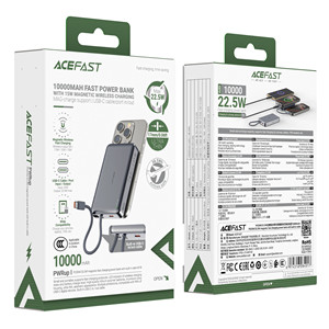 Acefast M18 10000 mAh PD20W/22.5W Magnetic Wireless Powerbank with Built-in Cable Black