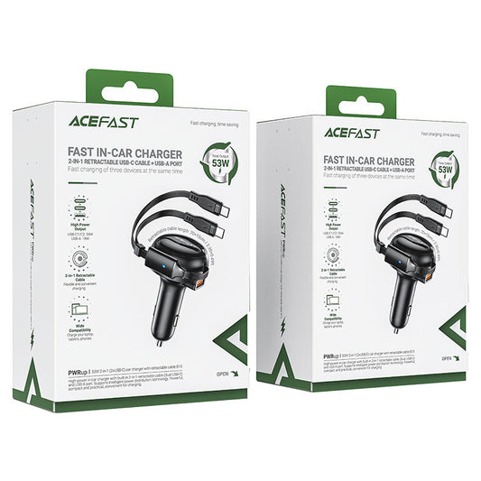 Acefast B13 53W 2-IN-1 Car Charger with Retractable Cable Black