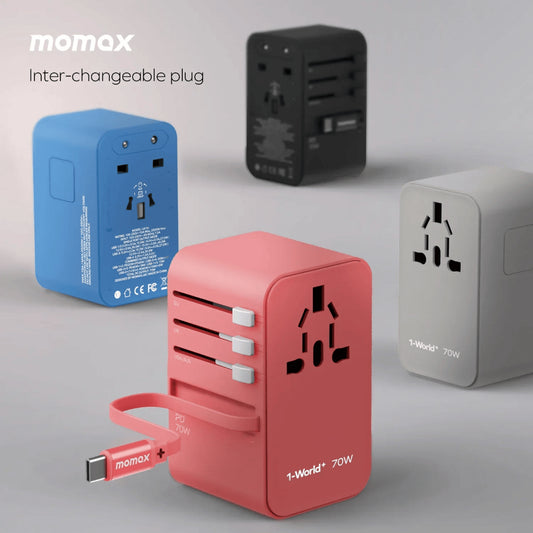 Momax 1-World Plus 70W gAn AC Travel Adapter 3-Port with Built in 65CM Cable (UA18)
