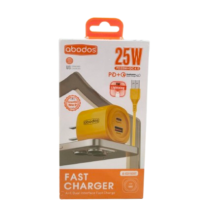 Abodos AS-CS311 25W PD20W Plus QC4 Dual Port Adaptor with Lightning Cable Kit Yellow