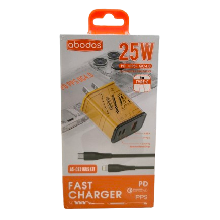 Abodos AS-CS316 25W PD PPS QC4 3-Port Adaptor with Type-C Cable Kit Yellow