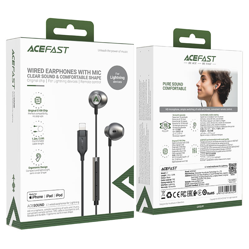 ACEFAST L1 WIRED EARPHONES FOR LIGHTNING BLACK