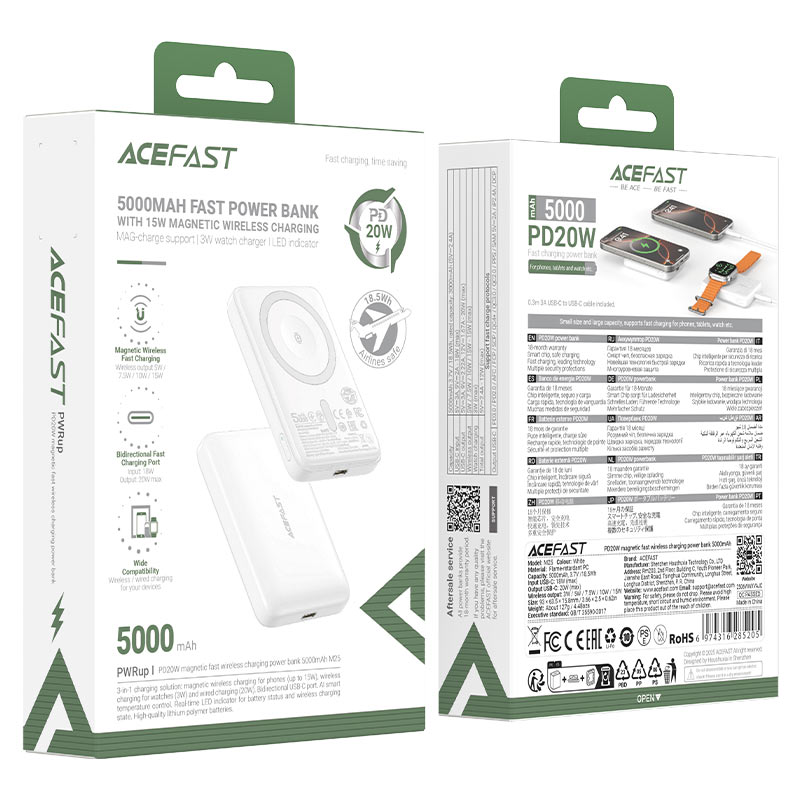 ACEFAST M25 PD20W 5000 mAh MAGNETIC FAST WIRELESS CHARGING POWERBANK WHITE