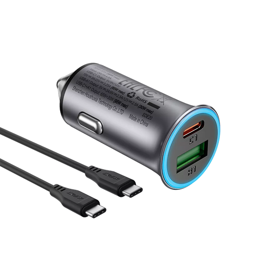 Acefast b16 95w dual port metal car charger with usb-c cable set metal grey