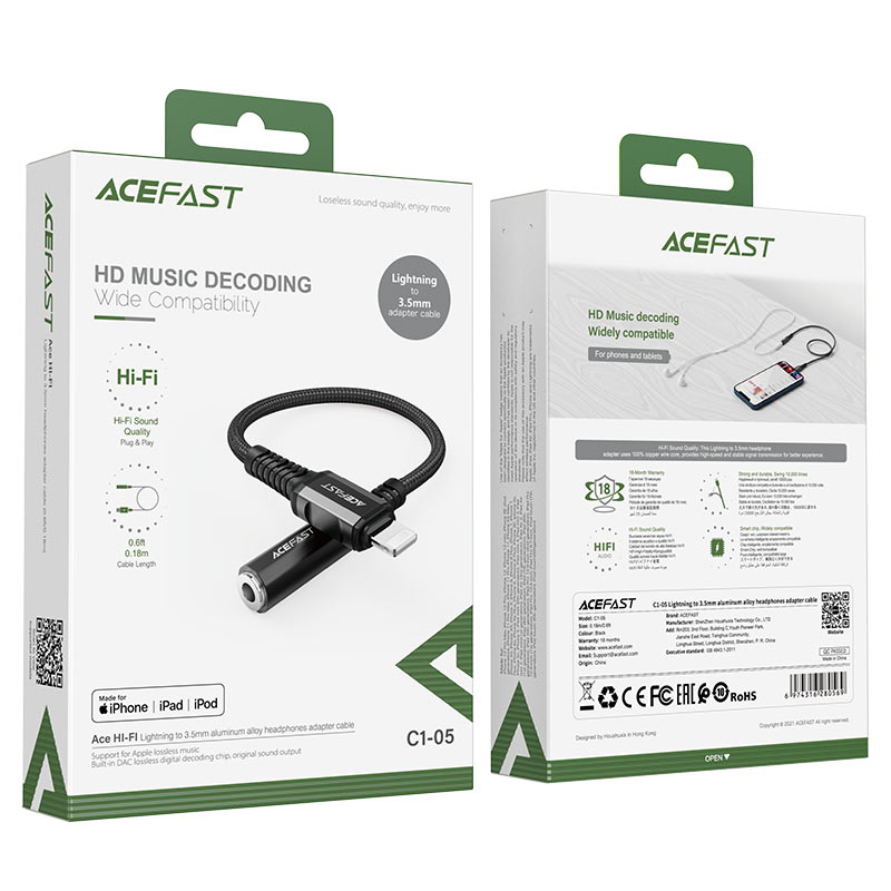 ACEFAST C1-05 LIGHTNING TO 3.5MM ALUMINUM ALLOY JACK ADAPTER (0.18M)