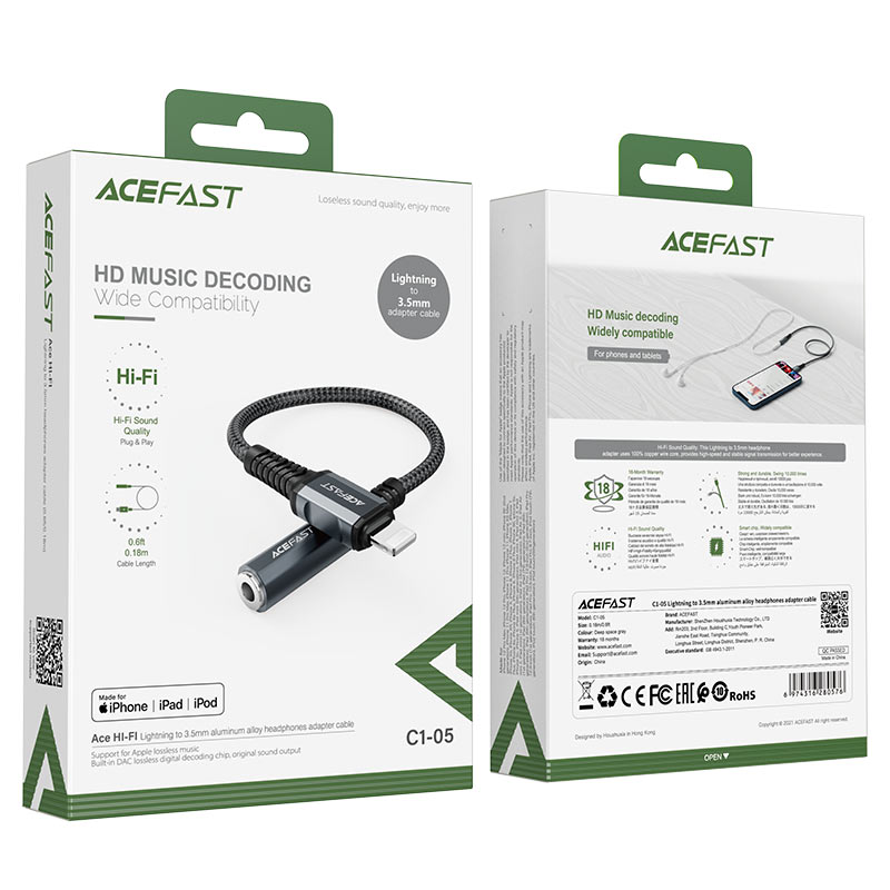 ACEFAST C1-05 LIGHTNING TO 3.5MM ALUMINUM ALLOY JACK ADAPTER (0.18M)