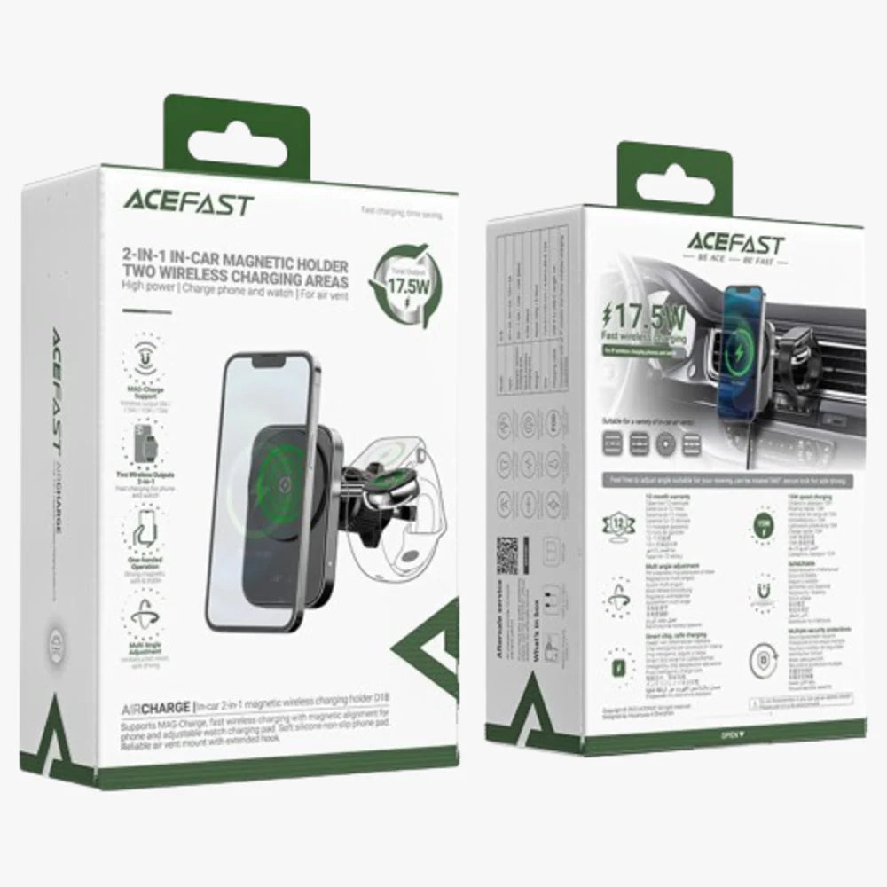 ACEFAST D18 IN-CAR 2-IN-1 MAGNETIC WIRELESS CHARGING HOLDER BLACK