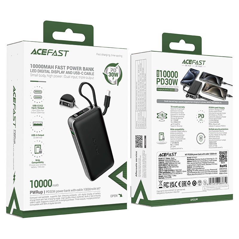 ACEFAST M7 10000 mAh PD 30W POWERBANK WITH BUILT-IN USB-C CABLE BLACK