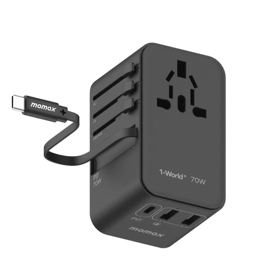 Momax 1-World Plus 70W gAn AC Travel Adapter 3-Port with Built in 65CM Cable (UA18)